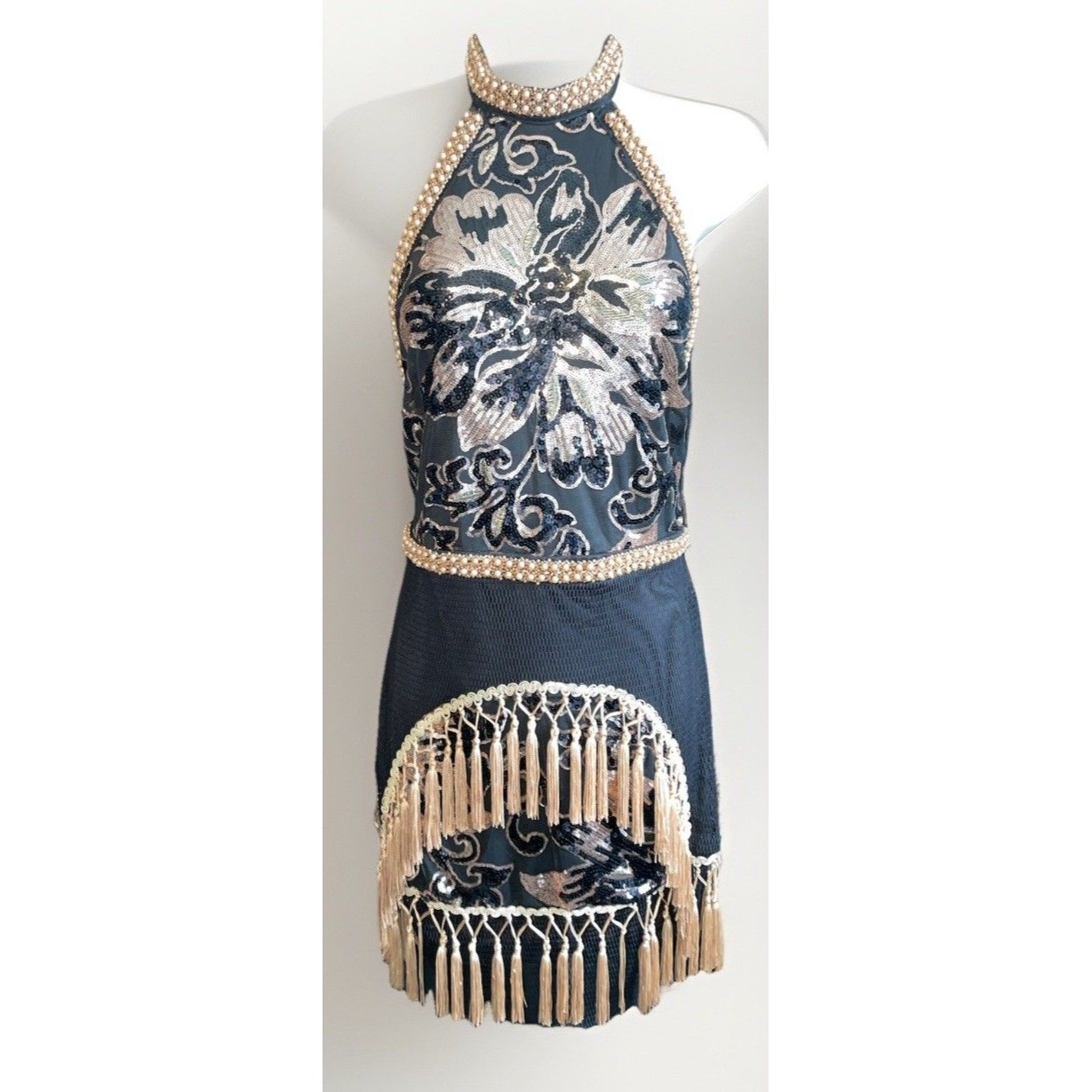 Banjul Black Gold Sequin Pearl Halter Fringe Dance Dress Flapper Great Gatsby L